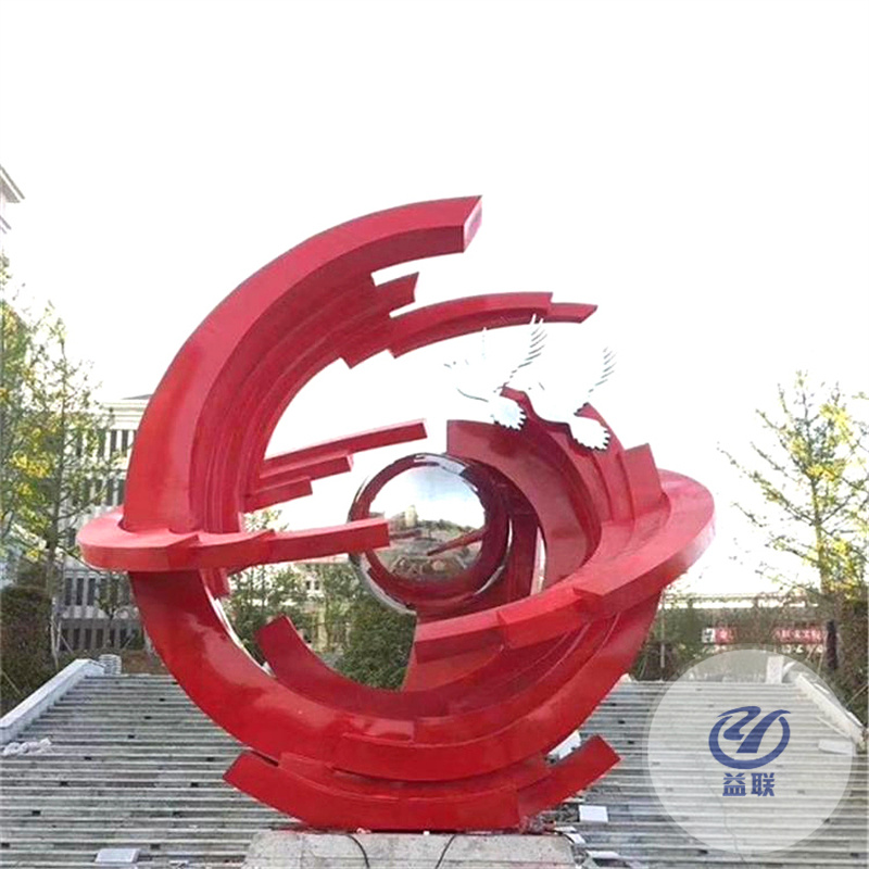 不銹鋼雕塑定制戶外大型鏡面抽象鹿金屬鏤空圓環(huán)月亮浪花景觀擺件